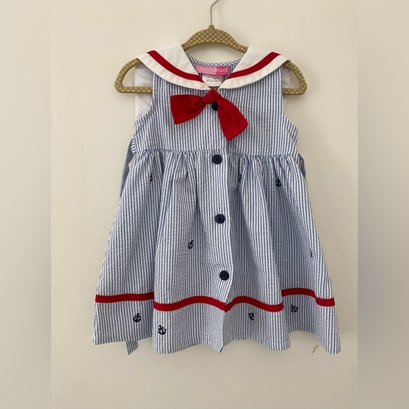 Goodlad Dress Size 12 Months Blue White Seersucker Trimmed in Red Button Front - Picture 1 of 4